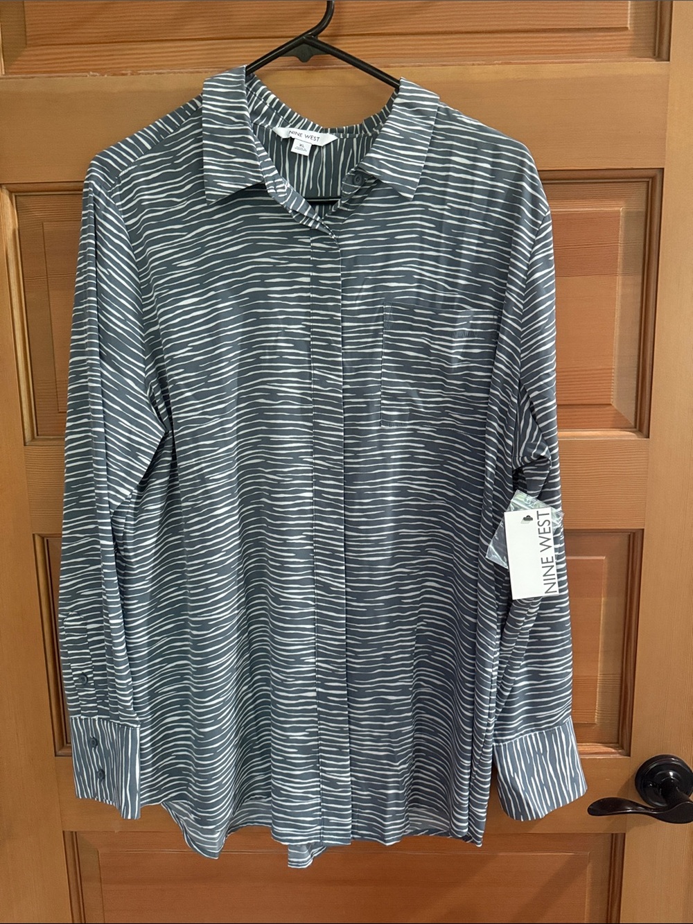 Nine West Gray and White Striped Long-Sleeve Blouse